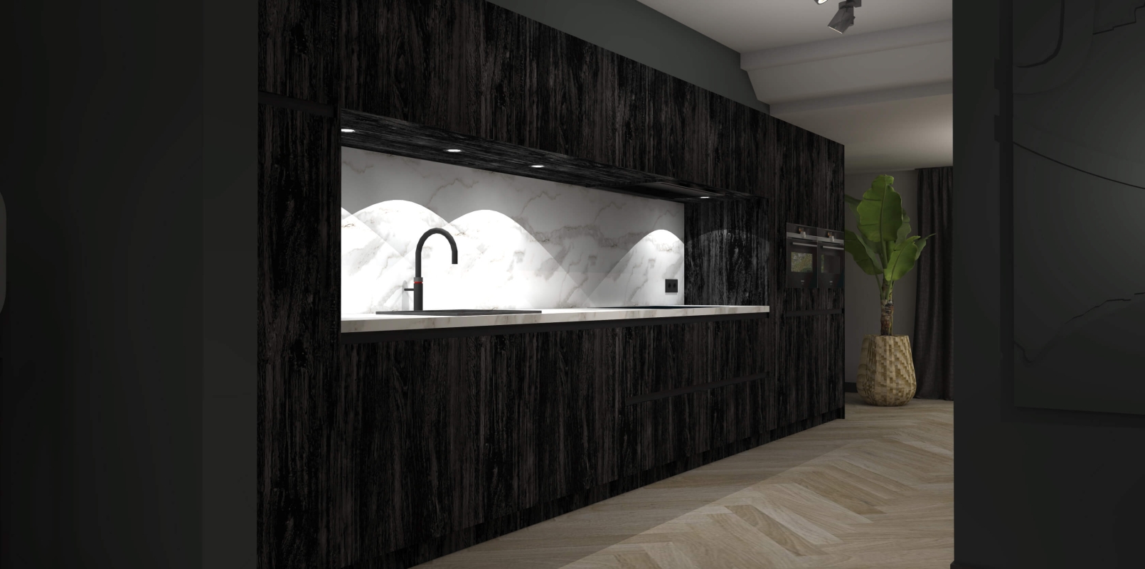 Zwarte keuken met houten vloer design door By Moon Interior